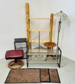 GROUP OF OCCASIONAL FURNITURE TO INCLUDE WOODEN 4 TIER SHELVES, METAL SHOE RACK, 3 X DOOR MATS,