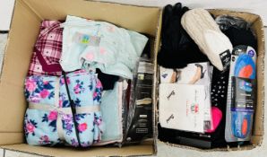 TWO BOXES OF AS NEW CLOTHING TO INCLUDE PYJAMAS, SWEATSHIRTS, INSOLES, TIGHTS, SOCKS, GLOVES ETC.