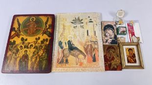 AN ENAMEL PILL BOX CONTAINING VARIOUS RELIGIOUS MEDALLIONS AND PENDANTS + A 9CT GOLD CRUCIFIX