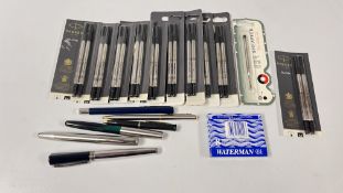 A GROUP OF BALL POINT & FOUNTAIN PENS TO INCLUDE PARKER & SHEAFFER EXAMPLES + VARIOUS PARKER QUINK