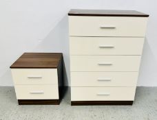 MODERN 5 DRAWER CHEST WITH GLOSS FRONT DRAWERS AND STEEL HANDLES + MATCHING TWO DRAWER BEDSIDE