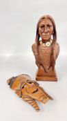 RED MILL MODEL OF A NATIVE AMERICAN INDIAN 43 CM H & CARVED TRIBAL MASK 35CM H.