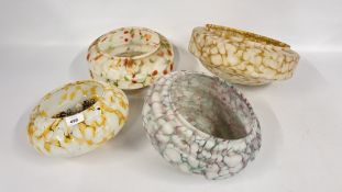 A GROUP OF 4 ART DECO MOTTLED GLASS FLYCATCHER STYLE SHADES.