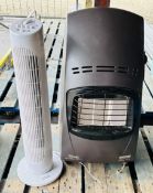 DELONGHI GAS POWERED PATIO HEATER (NO REGULATOR), PLUS A STATUS ROTATING FAN - SOLD AS SEEN.