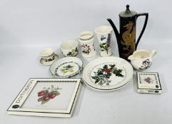 A GROUP OF PORTMEIRION BOTANICAL CHINA WARE INCLUDING JUG, VASE, DISHES ETC + PLACEMATS.
