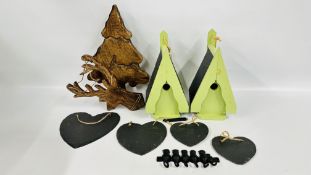 TWO AS NEW CHAPEL WOOD SWISS LUXURY NEST BOXES IN SAGE GREEN WITH SLATE TILES, CAST CAT KEY RACK,