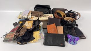 A BOX OF ASSORTED GLOVES, BELTS, WALLETS AND PURSES TO INCLUDE DESIGNER LEATHER BRANDED EXAMPLES.