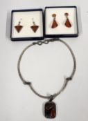 TWO PAIRS OF SILVER AND WHITE METAL AMBER TYPE EARRINGS IN PRESENTATION BOXES + A CONTEMPORARY