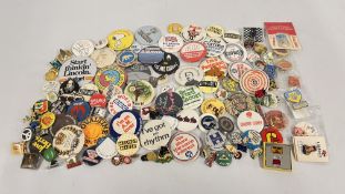 A BOX OF VINTAGE PIN BADGES TO INCLUDE MOTORING RELATED EXAMPLES ETC.