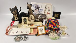 TWO BOXES CONTAINING A GROUP OF CAT RELATED SUNDRIES TO INCLUDE PAPERWEIGHTS, TRAYS,