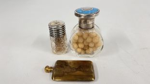 A VINTAGE SILVER AND ENAMEL SMELLING SALTS BOTTLE BIRMINGHAM 1909 + ONE OTHER AND A GILT SCENT