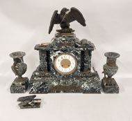LARGE AND IMPRESSIVE MARBLE MANTEL CLOCK WITH EAGLE MOTIF PLUS TWO GARNITURES (REQUIRES ATTENTION)