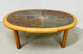 MID CENTURY DANISH STYLE TILE TOP OVAL COFFEE TABLE, 122CM X 82CM.
