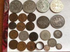 COINS: TUB WITH A SMALL SELECTION INCLUDING GB 1889 CROWN, DOUBLE FLORIN 1887, SHILLING 1816 ETC.