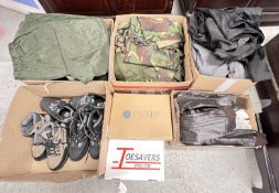 GROUP OF CLOTHES TO INCLUDE CAMOUFLAGE SHIRTS, JACKETS, BOXED PAVERS BOOTS,