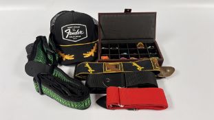 BOX CONTAINING ELECTRIC GUITAR ACCESSORIES TO INCLUDE FENDER AND OTHER SHOULDER STRAPS (4),