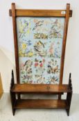 VINTAGE NEEDLEWORK TAPESTRY DEPICTING MULTIPLE BIRD AND BUTTERFLY SCENES ENCLOSED IN A HARD WOOD