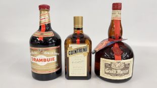 1 X LITRE GRAND MARNIER ORANGE LIQUEUR, 1 X LITRE DRAMBUIE LIQUEUR AND 1 X 700ML COINTREAU LIQUEUR.