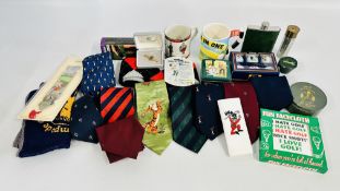 A BOX OF GOLFING MEMORABILIA TO INCLUDE TIES, SOCKS, DISNEY GOLF BALLS, TIE PIN, TIN,
