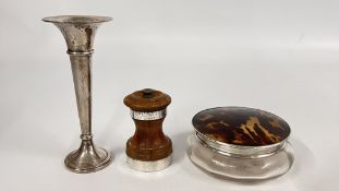 A SILVER SPILL VASE BIRMINGHAM 1985 + A TORTOISE SHELL & SILVER RIMMED DRESSING TABLE JAR LONDON