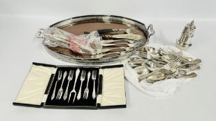 A GROUP OF SILVER PLATED FLAT WARE AND SHAKER + A CASED SET OF CAKE FORKS + AN OVAL MARQUETRY