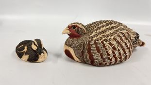 AN IMPRESSIVE SIGNED LINDA HEATON-HARRIS ART POTTERY SCULPTURE OF A PARTRIDGE PLUS ONE OTHER OF A