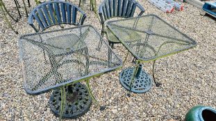 2 METAL CRAFT GARDEN PATIO TABLES WITH 4 METAL CRAFT GARDEN CHAIRS.