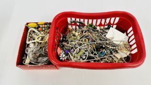 TWO BOXES CONTAINING AN EXTENSIVE GROUP OF ASSORTED COSTUME JEWELLERY, BEADED NECKLACES, BANGLES,