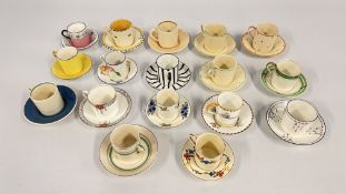 A GROUP OF 17 VINTAGE COFFEE CANS AND SAUCERS TO INCLUDE MAINLY ART DECO EXAMPLES AND SUSIE COOPER.