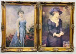 TWO PRINTS DEPICTING LADIES PORTRAITS ENCASED IN IMPRESSIVE GILT FRAMES (SIGNS OF DAMAGE),