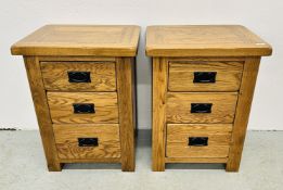 PAIR OF MODERN SOLID LIGHT OAK THREE DRAWER BEDSIDE CHESTS EACH W 50CM, D 41CM, H 67CM.