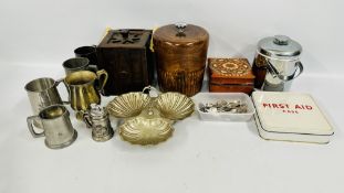 A BOX OF COLLECTIBLES TO INCLUDE PEWTER TANKARDS, ICE BUCKETS,