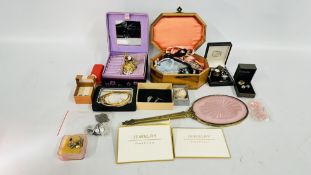 A BOX OF ASSORTED COSTUME JEWELLERY BEADED NECKLACES AND BANGLES, CUFF LINKS FASHIONED FROM COINS,