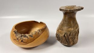 A HAND TURNED LIVE EDGE WOODEN BOWL AND VASE, BOTH EXAMPLES BEARING SIGNATURE JOHN LARNAR.