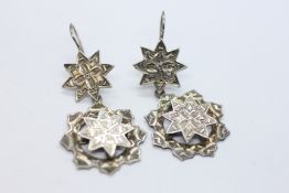 A PAIR OF VICTORIAN WHITE METAL EARRINGS MARKED WITH A LOZENGE REGISTRATION MARK IN FITTED VELVET