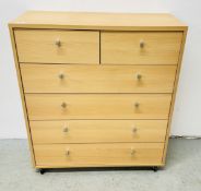 BEECH FINISH TWO OVER FOUR DRAWER CHEST, W 179CM.