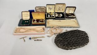 A BOX OF ASSORTED VINTAGE COSTUME JEWELLERY TO INCLUDE SIMULATED PEARL NECKLACES, EVENING PURSE,
