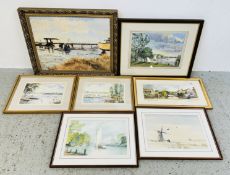 7 LOCAL ARTWORKS TO INCLUDE WATERCOLOURS BY ROBERT D ALDRIDGE, WATERCOLOURS BY LINDSAY WISE,