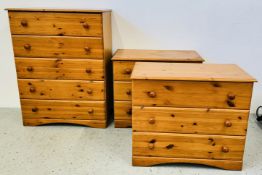 3 PIECES OF PINE FRONTED BEDROOM FURNITURE TO INCLUDE 5 DRAWER CHEST AND PAIR OF 3 DRAWER CHESTS.