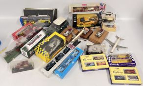 TWO BOXES OF DIE-CAST AND MODEL VEHICLES INCLUDING MAISTO, CORGI, CADBURY, KLM, HISTORICAL,