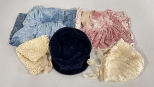 TWO VINTAGE CRUSHED VELVET DRESSES + TWO VINTAGE BONNETS AND A BLUE VELVET CAP.