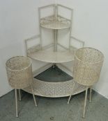A WHITE FINISH THREE TIER METAL CRAFT CORNER STAND AND TWO METAL CRAFT CYLINDRICAL PLANTERS.