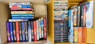 TWO BOXES OF BOOKS TO INCLUDE TERRY PRATCHET, PENGUIN, SUE GRAFTON, MIKE ASHLEY, ETC.
