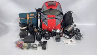 A GROUP OF SLR AND DSLR CAMERA EQUIPMENT TO INCLUDE OLYMPUS E-420 CAMERA BODY, 17.