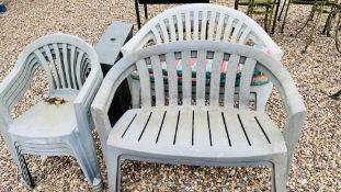 4 GREEN UPVC GARDEN BENCH SEATS - LENGTH 109CM WITH CUSHIONS AND UPVC GARDEN TABLE AND UPVC GARDEN