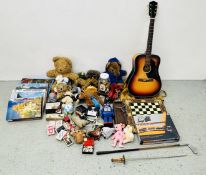 TWO BOXES OF MAINLY VINTAGE CHILDREN'S TOYS, GAMES, TEDDIES INCLUDING PADDINGTON, TY, BLOCKS,