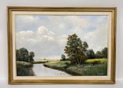 FRAMED OIL ON BOARD OF A BROADLAND SCENE SIGNED JAMES ALLEN.