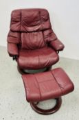 A STRESSLESS BURGUNDY LEATHER UPHOLSTERED RELAXER CHAIR WITH FOOTSTOOL.