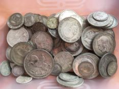 COINS: TUB OF PRE 1947 SILVER WITH 1935 CROWN, HALF CROWNS, FLORINS, SHILLINGS ETC., FACE APPROX £5.