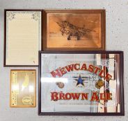 GROUP OF WALL MOUNTED MEMORABILIA TO INCLUDE NEWCASTLE BROWN ALE DECORATIVE MIRROR 49 X 64CM,